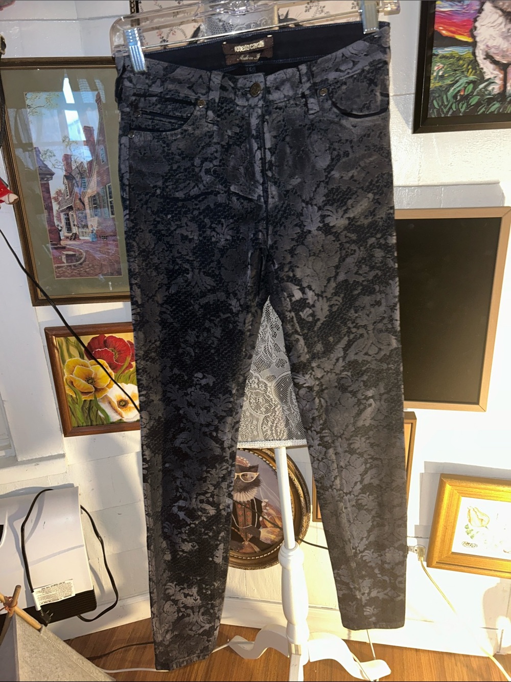 Roberto Cavalli Black Floral-Pattern Skinny Jeans